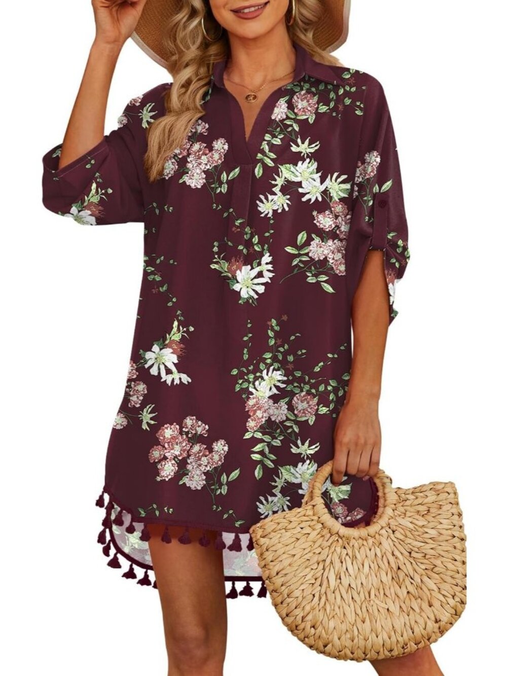 Women's Floral Wine Red Polyester Cover Up Tassel Swimsuit Beachwear Swimwear